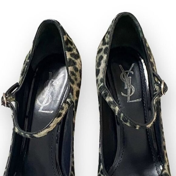 YSL Yves Saint Laurent Tribute Too 105 Mary Jane Peep Toe Pumps, Pony Leopard - Picture 16 of 16